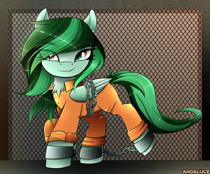 Size: 2029x1681 | Tagged: safe, artist:andaluce, derpibooru import, oc, oc:eden shallowleaf, pegasus, pony, bound wings, chained, chains, clothes, commissioner:rainbowdash69, cuffed, derpibooru exclusive, female, image, jumpsuit, mare, never doubt rainbowdash69's involvement, pegasus oc, png, prison, prison outfit, shackles, solo, wings