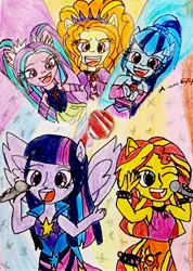 Size: 2866x4024 | Tagged: safe, artist:bgladybug1999, derpibooru import, adagio dazzle, aria blaze, sonata dusk, sunset shimmer, twilight sparkle, human, equestria girls, g4, disguise, disguised siren, gem, group, image, jpeg, microphone, my little pony equestria girls: rainbow rocks, ponied up, quintet, rainbow rocks 10th anniversary, singing, siren gem, the dazzlings, traditional art