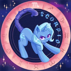 Size: 2000x2000 | Tagged: safe, artist:irisikiki, derpibooru import, part of a set, trixie, pony, unicorn, g4, female, furrowed brow, horn, image, jpeg, looking at you, mare, scorpio, scorpion tail, smiling, smiling at you, solo, stars, tail, zodiac