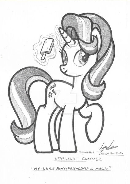 Size: 1024x1450 | Tagged: safe, artist:famousmari5, derpibooru import, starlight glimmer, pony, unicorn, food, horn, image, jpeg, looking at you, monochrome, popsicle, raised leg, signature, text, traditional art