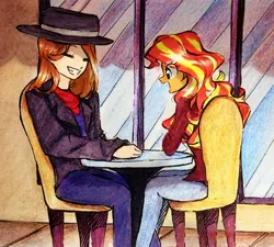 Size: 2329x2093 | Tagged: safe, artist:liaaqila, derpibooru import, sunset shimmer, oc, human, equestria girls, g4, canon x oc, chair, date, duo, duo male and female, fedora, female, hat, image, jpeg, male, smiling, table, traditional art, window