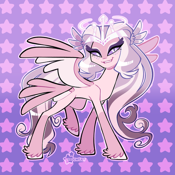 Size: 2048x2048 | Tagged: safe, artist:3ggmilky, derpibooru import, oc, unofficial characters only, angel pony, original species, pony, seraph, g4, angel, crossover fusion, crown, female, female oc, fusion, fusion:fleur-de-lis, fusion:sera (hazbin hotel), gradient background, hazbin hotel, image, jewelry, mare oc, multiple wings, outline, patterned background, png, regalia, signature, solo, wings