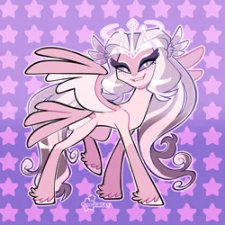 Size: 2048x2048 | Tagged: safe, artist:3ggmilky, derpibooru import, oc, unofficial characters only, angel pony, original species, pony, seraph, g4, angel, crossover fusion, crown, female, female oc, fusion, fusion:fleur-de-lis, fusion:sera (hazbin hotel), gradient background, hazbin hotel, image, jewelry, mare oc, multiple wings, outline, patterned background, png, regalia, signature, solo, wings