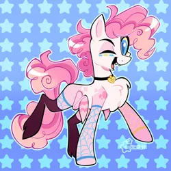 Size: 2048x2048 | Tagged: safe, artist:3ggmilky, derpibooru import, oc, unofficial characters only, earth pony, g4, crossover fusion, earth pony oc, fusion, fusion:angel dust (hazbin hotel), fusion:pinkie pie, gradient background, hazbin hotel, image, one eye closed, outline, patterned background, png, signature, solo, wink