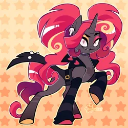 Size: 2048x2048 | Tagged: safe, artist:3ggmilky, derpibooru import, oc, unofficial characters only, demon, demon pony, original species, pony, unicorn, g4, clothes, crossover fusion, female, female oc, fusion, fusion:sunset shimmer, fusion:velvette, gradient background, hazbin hotel, horn, image, mare, mare oc, outline, patterned background, png, raised hoof, signature, solo