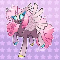 Size: 2048x2048 | Tagged: safe, artist:3ggmilky, derpibooru import, oc, unofficial characters only, angel pony, original species, pony, seraph, g4, angel, crossover fusion, female, female oc, fusion, fusion:pinkie pie, fusion:sera (hazbin hotel), gradient background, hazbin hotel, image, mare, mare oc, multiple wings, outline, patterned background, png, signature, solo, wings