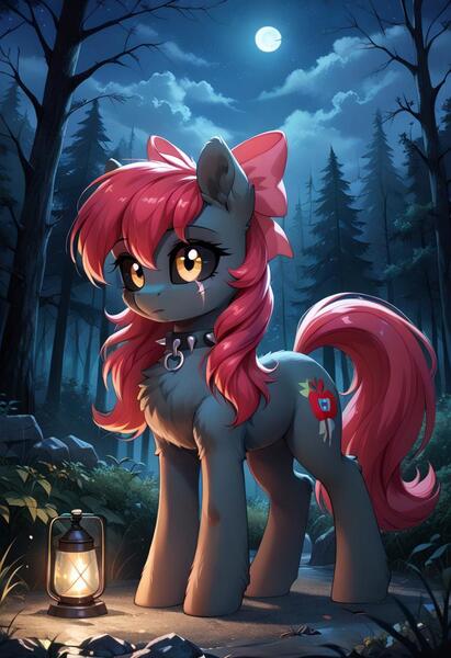 Size: 800x1169 | Tagged: safe, ai content, derpibooru import, machine learning generated, prompter:gregorymars, stable diffusion, apple bloom, earth pony, pony, undead, zombie, zombie pony, story of the blanks, g4, apple bloom's bow, black sclera, blanked apple bloom, bow, chest fluff, collar, eye scar, facial scar, female, forest, full moon, generator:pony diffusion v6 xl, hair bow, image, jpeg, lantern, mare, moon, nature, night, outdoors, scar, solo, spiked collar, tree