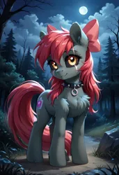 Size: 800x1169 | Tagged: safe, ai content, derpibooru import, machine learning generated, prompter:gregorymars, stable diffusion, apple bloom, earth pony, pony, undead, zombie, zombie pony, story of the blanks, g4, apple bloom's bow, black sclera, blanked apple bloom, bow, chest fluff, collar, eye scar, facial scar, female, forest, full moon, generator:pony diffusion v6 xl, hair bow, image, jpeg, mare, moon, nature, night, outdoors, scar, solo, spiked collar, tree