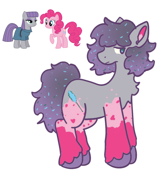 Size: 985x1048 | Tagged: safe, artist:clandestine, derpibooru import, maud pie, pinkie pie, oc, oc:pop rocks, earth pony, pony, g4, bangs, candy, chest fluff, coat markings, colored pinnae, curly hair, curly mane, curly tail, food, fusion, gray coat, image, next generation, offspring, pink coat, png, product of incest, purple hair, purple hooves, rock candy, simple background, sprinkles, standing, tail, transparent background, turned head, uninterested, unshorn fetlocks