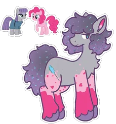 Size: 985x1048 | Tagged: safe, artist:clandestine, derpibooru import, maud pie, pinkie pie, oc, oc:pop rocks, earth pony, pony, g4, bangs, candy, chest fluff, coat markings, colored pinnae, curly hair, curly mane, curly tail, food, fusion, gray coat, image, next generation, offspring, pink coat, png, product of incest, purple hair, purple hooves, rock candy, simple background, sprinkles, standing, tail, transparent background, turned head, uninterested, unshorn fetlocks