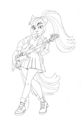 Size: 2177x3281 | Tagged: safe, artist:ciaran, derpibooru import, sonata dusk, anthro, siren, equestria girls, g4, bass guitar, black and white, boots, clothes, derpibooru exclusive, disguise, disguised siren, eyebrows, eyebrows visible through hair, female, gem, grayscale, image, jacket, jewelry, leather, leather jacket, lineart, monochrome, musical instrument, my little pony equestria girls: rainbow rocks, necklace, open mouth, png, rainbow rocks 10th anniversary, shirt, shoes, singing, siren gem, solo, traditional art, wristband