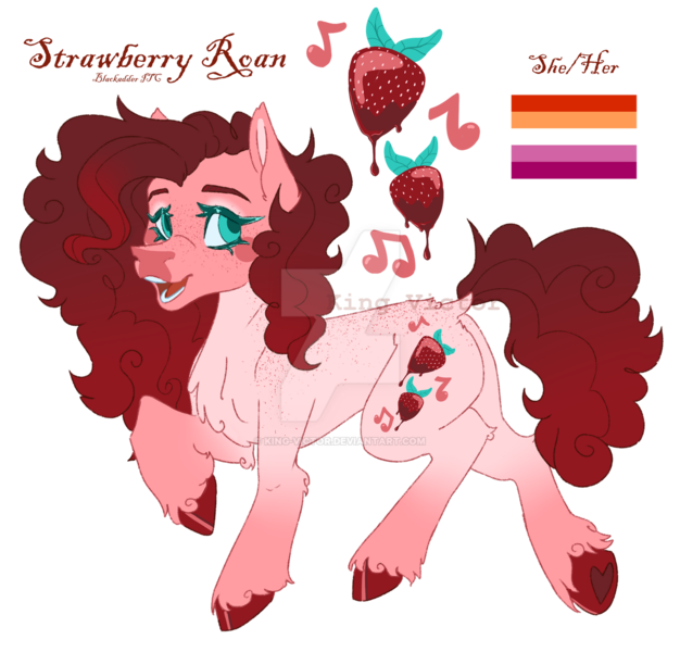 Size: 1280x1227 | Tagged: safe, artist:king-victor, derpibooru import, oc, oc:strawberry roan, unofficial characters only, earth pony, pony, alternate design, chest fluff, deviantart watermark, female, image, lesbian pride flag, mare, obtrusive watermark, offspring, parent:cheese sandwich, parent:pinkie pie, parents:cheesepie, png, pride, pride flag, pronouns, reference sheet, simple background, solo, standing on two hooves, transbian pride flag, transparent background, twitterina design, unshorn fetlocks, watermark