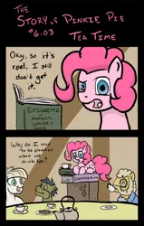 Size: 1200x1888 | Tagged: safe, artist:jberg18, derpibooru import, madame le flour, pinkie pie, rocky, sir lintsalot, pony, the story of pinkie pie, book, comic, female, filly, filly pinkie pie, image, jpeg, pun, teapot, visual pun, younger