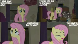 Size: 2000x1125 | Tagged: safe, derpibooru import, edit, edited screencap, editor:quoterific, screencap, fluttershy, smoky, smoky jr., softpad, pegasus, pony, raccoon, g4, season 6, the saddle row review, female, image, mare, png