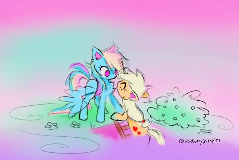 Size: 1872x1250 | Tagged: safe, artist:flutterberrypie, derpibooru import, applejack, rainbow dash, earth pony, pegasus, pony, g4, ^^, abstract background, applebetes, appledash, colored pinnae, cute, dashabetes, duo, duo female, eyes closed, facing each other, female, floppy ears, hatless, image, jpeg, ladder, lesbian, looking at someone, mare, missing accessory, no pupils, shipping, signature, unfinished art, wings, wings down