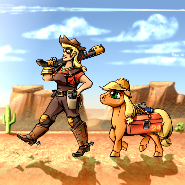 Size: 2000x2000 | Tagged: safe, artist:scarletdex8299, derpibooru import, applejack, earth pony, human, g4, blueprint, cable, cactus, clothes, cowboy hat, crossover, desert, duo, duo female, engineer (tf2), engineer gaming, female, goggles, gun, handgun, hard hat, hat, hat swap, image, knee pads, looking ahead, mesa, overalls, pistol, png, shadow, spurs, team fortress 2, toolbox, trail, walking, weapon