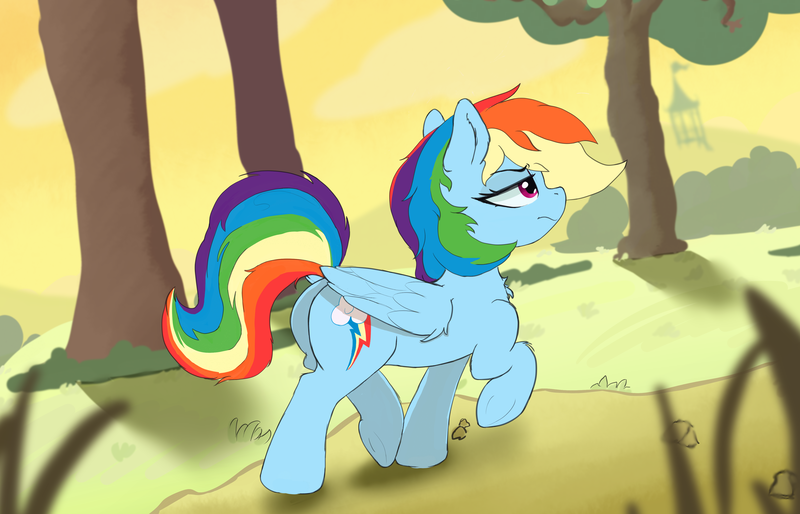 Size: 4442x2855 | Tagged: safe, artist:zzzsleepy, derpibooru import, rainbow dash, pegasus, pony, butt, chest fluff, female, image, mare, outdoors, plot, png, solo, tree, underhoof, walking, wings