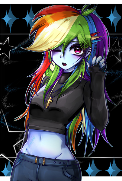 Size: 1379x2048 | Tagged: safe, artist:pulse, derpibooru import, rainbow dash, human, equestria girls, g4, belly, belly button, blushing, clothes, cross, cross necklace, ear piercing, earring, female, fingerless gloves, gloves, image, jewelry, looking at you, midriff, necklace, one eye closed, open mouth, piercing, png, solo