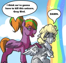 Size: 2300x2200 | Tagged: safe, artist:mylittlegodzilla, derpibooru import, oc, oc:beatrice creux, oc:gray bird, unofficial characters only, pegasus, derpibooru exclusive, dialogue, i think we're gonna have to kill this guy, image, meme, png, rainbow waterfall, text