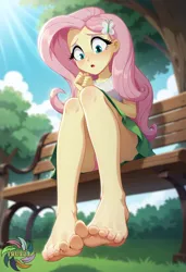 Size: 2496x3648 | Tagged: safe, ai content, derpibooru import, machine learning generated, prompter:trux23, fluttershy, human, equestria girls, g4, bench, blurry background, day, feet, female, fetish, foot fetish, image, jpeg, low angle, outdoors, sittin, solo, solo female, solo focus, toes