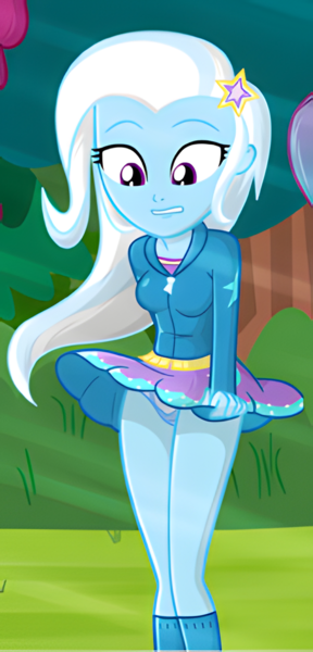 Size: 1670x3480 | Tagged: suggestive, artist:charliexe, trixie, human, equestria girls, g4, blue panties, breasts, clothes, cropped, cute, female, forest, image, jacket, legs, nature, png, sexy, skirt, skirt lift, socks, solo, solo female, tree, wind, windy