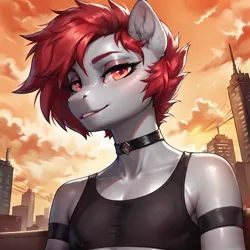 Size: 2400x2400 | Tagged: safe, ai content, derpibooru import, machine learning generated, prompter:infernum, stable diffusion, oc, oc:raven blood, unofficial characters only, anthro, pegasus, choker, city, clothes, cloud, eyeshadow, femboy, generator:pony diffusion v6 xl, gray coat, image, looking at you, makeup, male, orange sky, png, red eyes, red eyeshadow, red mane, short shirt, sky, skyscraper, smiling, smiling at you