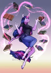 Size: 1599x2250 | Tagged: safe, artist:blackblood-queen, derpibooru import, twilight sparkle, anthro, bat pony, bat pony unicorn, hybrid, unguligrade anthro, unicorn, book, breasts, busty twilight sparkle, clothes, cloven hooves, curved horn, digital art, female, glow, glowing horn, gradient background, horn, image, leonine tail, levitation, magic, png, shirt, smiling, solo, tail, telekinesis