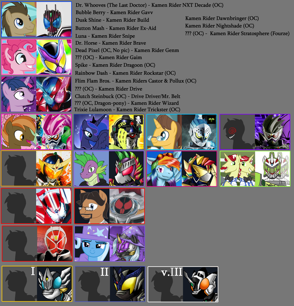 Size: 1692x1761 | Tagged: safe, artist:kamenriderpegasus, derpibooru import, button mash, doctor whooves, flam, flim, pinkie pie, princess luna, rainbow dash, spike, time turner, trixie, twilight sparkle, oc, gamer luna, brothers, bubble berry, chart, dusk shine, flim flam brothers, image, kamen rider, kamen rider brave, kamen rider build, kamen rider decade, kamen rider drive, kamen rider ex-aid, kamen rider fourze, kamen rider gaim, kamen rider gavv, kamen rider genm, kamen rider snipe, kamen rider wizard, list, male, older, older spike, png, rule 63, siblings