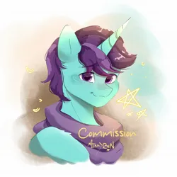 Size: 2048x2048 | Tagged: safe, artist:mikkybun, derpibooru import, oc, unofficial characters only, pony, unicorn, bust, clothes, commission, eyebrows, eyebrows visible through hair, horn, image, jpeg, looking at you, male, scarf, signature, smiling, smiling at you, solo, stallion