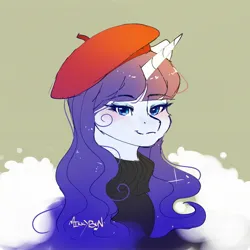 Size: 2048x2048 | Tagged: safe, artist:mikkybun, derpibooru import, rarity, pony, unicorn, g4, beatnik rarity, beret, blushing, bust, clothes, female, hat, horn, image, jpeg, looking at you, mare, signature, simple background, smiling, smiling at you, solo, sweater