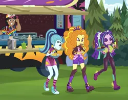 Size: 2000x1567 | Tagged: safe, artist:sapphiregamgee, derpibooru import, adagio dazzle, aria blaze, sonata dusk, oc, equestria girls, g4, commission, equestria girls specials, food truck, image, jpeg, music festival outfit, my little pony equestria girls: sunset's backstage pass