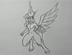 Size: 4001x3083 | Tagged: safe, artist:soundwavedragon, derpibooru import, oc, oc:fizzy sprinkles, unofficial characters only, alicorn, anthro, pony, bipedal, collar, curly hair, curly mane, curly tail, eyelashes, feathered fetlocks, feathered wings, femboy, feminine stallion, fingernails, floppy ears, heart, heart charm, hooves, horn, image, jpeg, large wings, long hair, long hair male, long horn, long mane, long tail, male, sketch, solo, spread wings, stallion, tail, thighs, thunder thighs, traditional art, wide hips, wings