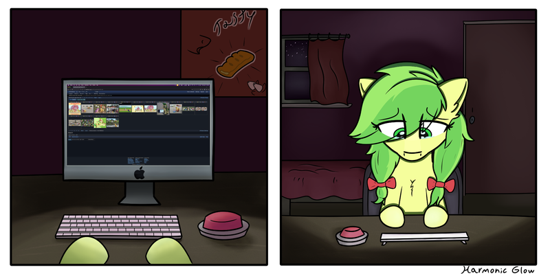 Size: 1768x882 | Tagged: safe, artist:harmonicglow, derpibooru import, apple fritter, pony, derpibooru, apple family member, apple fritter (food), bed, bedroom, big red button, blanket, bow, computer, crying, curtains, cute, dark room, door, eye clipping through hair, eyebrows, eyebrows visible through hair, female, food, hair bow, hair over one eye, image, keyboard, mare, meta, png, poster, sad, sadorable, stars, window