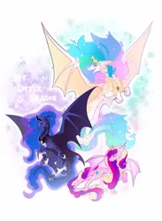 Size: 1496x2048 | Tagged: safe, artist:koffeemilk, derpibooru import, princess cadance, princess celestia, princess luna, dragon, alicorn triarchy, dragondance, dragoness, dragonified, dragonlestia, eyes closed, female, image, jpeg, lunadragon, my little x, open mouth, open smile, smiling, species swap, spread wings, trio, trio female, wings