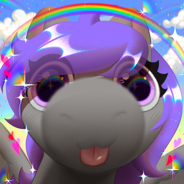 Size: 3000x3000 | Tagged: safe, artist:rrd-artist, derpibooru import, oc, oc:rural soup, unofficial characters only, pegasus, blushing, close-up, cloud, cute, gray coat, heart, image, png, purple eyes, purple mane, rainbow, snoot, snout, solo, sparkles, tongue out