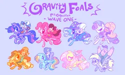 Size: 2048x1228 | Tagged: safe, artist:janegumball, derpibooru import, part of a set, applejack, derpy hooves, fluttershy, pinkie pie, rainbow dash, rarity, trixie, twilight sparkle, twilight sparkle (alicorn), alicorn, earth pony, gnome, human, pegasus, pony, unicorn, g4, arms in the air, crossover, diplight, dipper pines, eye clipping through hair, female, furrowed brow, gideon gleeful, gravity falls, horn, human male, humans riding ponies, image, lidded eyes, mabel pines, male, mane six, mare, open mouth, open smile, pacifica northwest, png, puking rainbows, purple background, riding, riding a pony, robbie valentino, simple background, smiling, soos, starry eyes, text, vomit, vomiting, wendy corduroy, wingding eyes