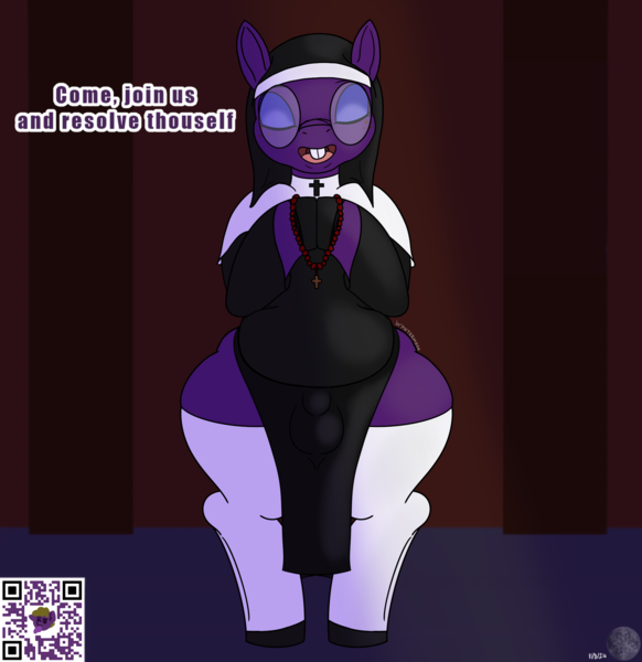 Size: 2000x2062 | Tagged: questionable, artist:wyntermoon, derpibooru import, oc, oc:wyntermoon, unofficial characters only, earth pony, belly chubby, buckteeth, chubby male, clothes, cross, cross necklace, crossdressing, crotch bulge, dress, eyewear, glasses, image, jewelry, male, males only, necklace, nun, png, praying, socks, stockings, thigh highs, thighs, thunder thighs, wide hips