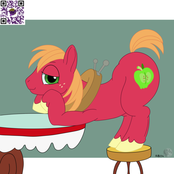 Size: 2000x2000 | Tagged: safe, artist:wyntermoon, derpibooru import, big macintosh, earth pony, pony, g4, big backintosh, butt, freckles, horse collar, image, leaning, looking at you, male, plot, png, solo, stallion, stool, table, the ass was fat