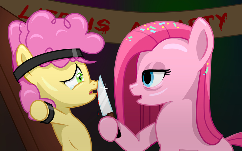 Size: 2000x1256 | Tagged: grimdark, artist:anonymousandrei, derpibooru import, li'l cheese, pinkie pie, earth pony, pony, fanfic:cupcakes, g4, the last problem, abuse, blood, bondage, colt, crying, derpibooru exclusive, dialogue in the description, duo, female, foal, foal abuse, image, jpeg, knife, male, mare, mother and child, mother and son, no catchlights, older, older pinkie pie, pinkamena diane pie, teary eyes, this will end in death, tied up, unsexy bondage