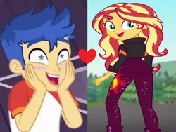 Size: 1154x870 | Tagged: safe, derpibooru import, edit, edited screencap, screencap, flash sentry, sunset shimmer, equestria girls, g4, equestria girls specials, female, flashimmer, heart, image, male, music festival outfit, my little pony equestria girls: better together, my little pony equestria girls: spring breakdown, my little pony equestria girls: sunset's backstage pass, png, rear view, shipping, shipping domino, starry eyes, straight, wingding eyes