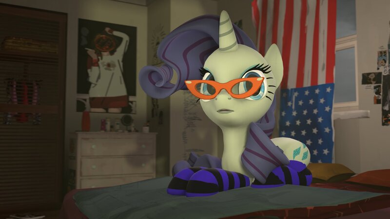 Size: 1920x1080 | Tagged: safe, artist:midnightdanny, ponerpics import, rarity, pony, 3d, clothes, female, glasses, image, jpeg, lying down, mare, socks, striped socks