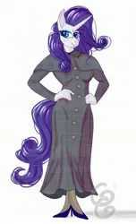 Size: 1781x2928 | Tagged: safe, artist:glimmyglam, derpibooru import, rarity, anthro, g4, blushing, buttons, clothes, derpibooru exclusive, dress, hand on hip, high heels, image, jpeg, looking away, messy mane, plaid, shoes, simple background, smiling, socks, solo, stockings, thigh highs, vintage