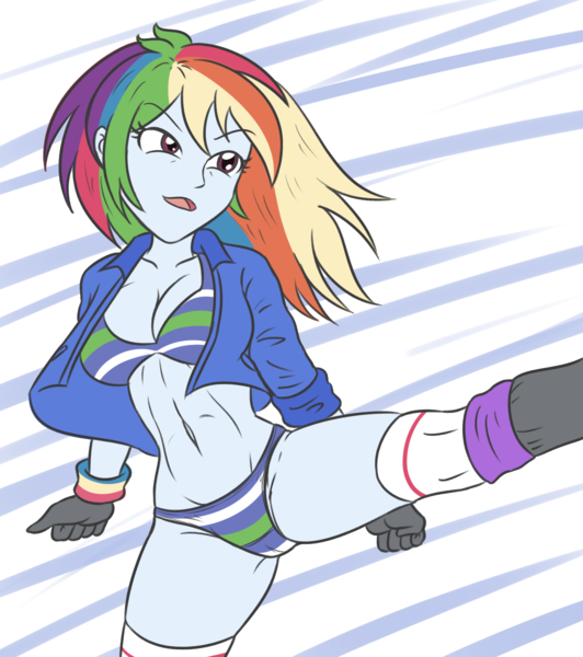 Size: 1815x2048 | Tagged: suggestive, artist:sumin6301, derpibooru import, rainbow dash, human, equestria girls, g4, 2d, bangs, belly, belly button, boots, breasts, cleavage, clothes, concave belly, female, high kick, image, jacket, legs, martial arts, midriff, panties, png, shoes, short sleeves, solo, striped bra, striped panties, striped underwear, thighs, underwear