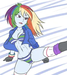 Size: 1815x2048 | Tagged: suggestive, artist:sumin6301, derpibooru import, rainbow dash, human, equestria girls, g4, 2d, bangs, belly, belly button, boots, breasts, cleavage, clothes, concave belly, female, high kick, image, jacket, legs, martial arts, midriff, panties, png, shoes, short sleeves, solo, striped bra, striped panties, striped underwear, thighs, underwear