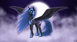 Size: 2650x1440 | Tagged: safe, artist:argent arms, derpibooru import, nightmare moon, alicorn, pony, cloud, cloudy, cutie mark, ethereal mane, ethereal tail, female, full body, full moon, helmet, hoof shoes, horn, image, mare, moon, night, night sky, png, princess shoes, royalty, sky, solo, spread wings, starry mane, starry tail, stars, tail, wings