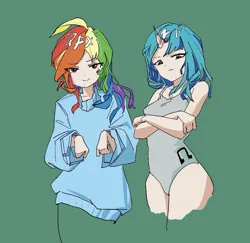 Size: 1065x1037 | Tagged: safe, artist:sizhanger, derpibooru import, rainbow dash, vinyl scratch, human, clothes, green eyes, horn, horned humanization, humanized, image, jpeg, looking at you, one-piece swimsuit, sweater, swimsuit