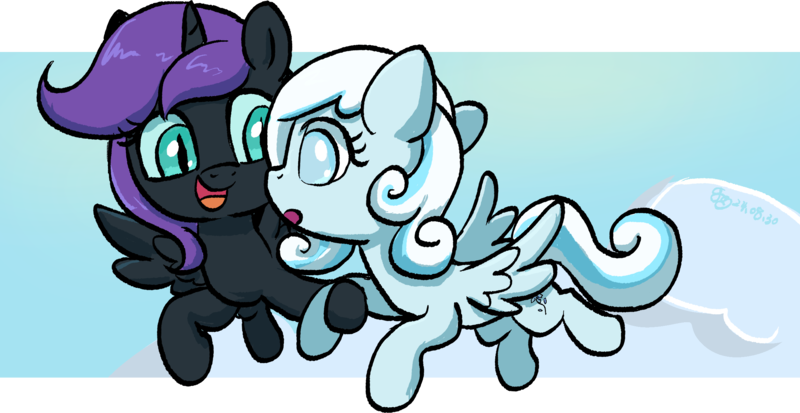 Size: 2415x1247 | Tagged: safe, artist:brella, derpibooru import, oc, oc:nyx, oc:snowdrop, alicorn, pegasus, pony, :o, cloud, female, filly, flying, foal, hoof hold, image, open mouth, png, simple background, smiling, solo, transparent background