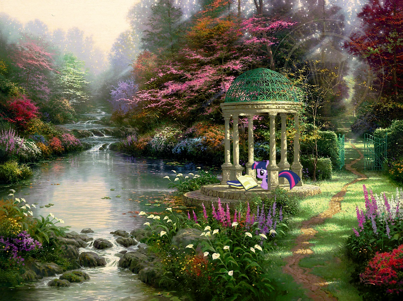 Size: 1200x899 | Tagged: safe, artist:thomas kinkade, derpibooru import, twilight sparkle, human, pony, unicorn, book, bookhorse, bush, colorful, female, flower, forest, gate, gazebo, horn, image, leaves, lonely, lying down, mare, nature, painting, png, ponyloaf, prone, reading, relaxing, river, scenery, signature, smiling, solo, stone, tail, traditional art, tree, unicorn twilight, water