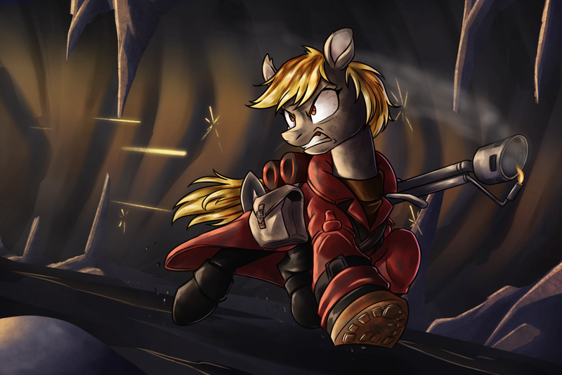 Size: 2400x1600 | Tagged: safe, artist:redahfuhrerking, derpibooru import, oc, oc:charring glare, unofficial characters only, earth pony, pony, angry, bloodshot eyes, cave, female, flamethrower, gunfire, image, mare, png, pyro (tf2), solo, team fortress 2, weapon