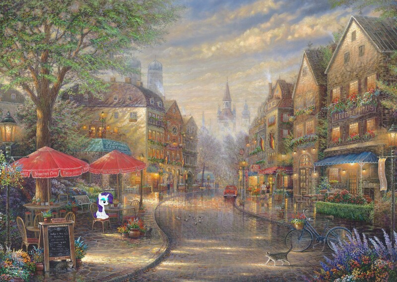 Size: 2500x1776 | Tagged: safe, artist:thomas kinkade, derpibooru import, rarity, bird, cat, human, pigeon, pony, squirrel, balcony, banner, bicycle, cafe, car, chair, chimney, church, city, clock, cloud, cloudy, comfy, door, female, flower, fog, germany, germany flag, hedge, horn, image, jpeg, lantern, light, male, mare, munich, painting, potted plant, relaxing, rooftop, scenery, shop, signature, sitting, solo focus, street, table, traditional art, tree, window